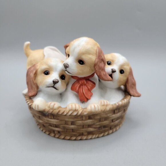Homco Pups in a Basket Figurine Masterpiece Porcelain Collectible for Dog Lovers - Picture 1 of 7
